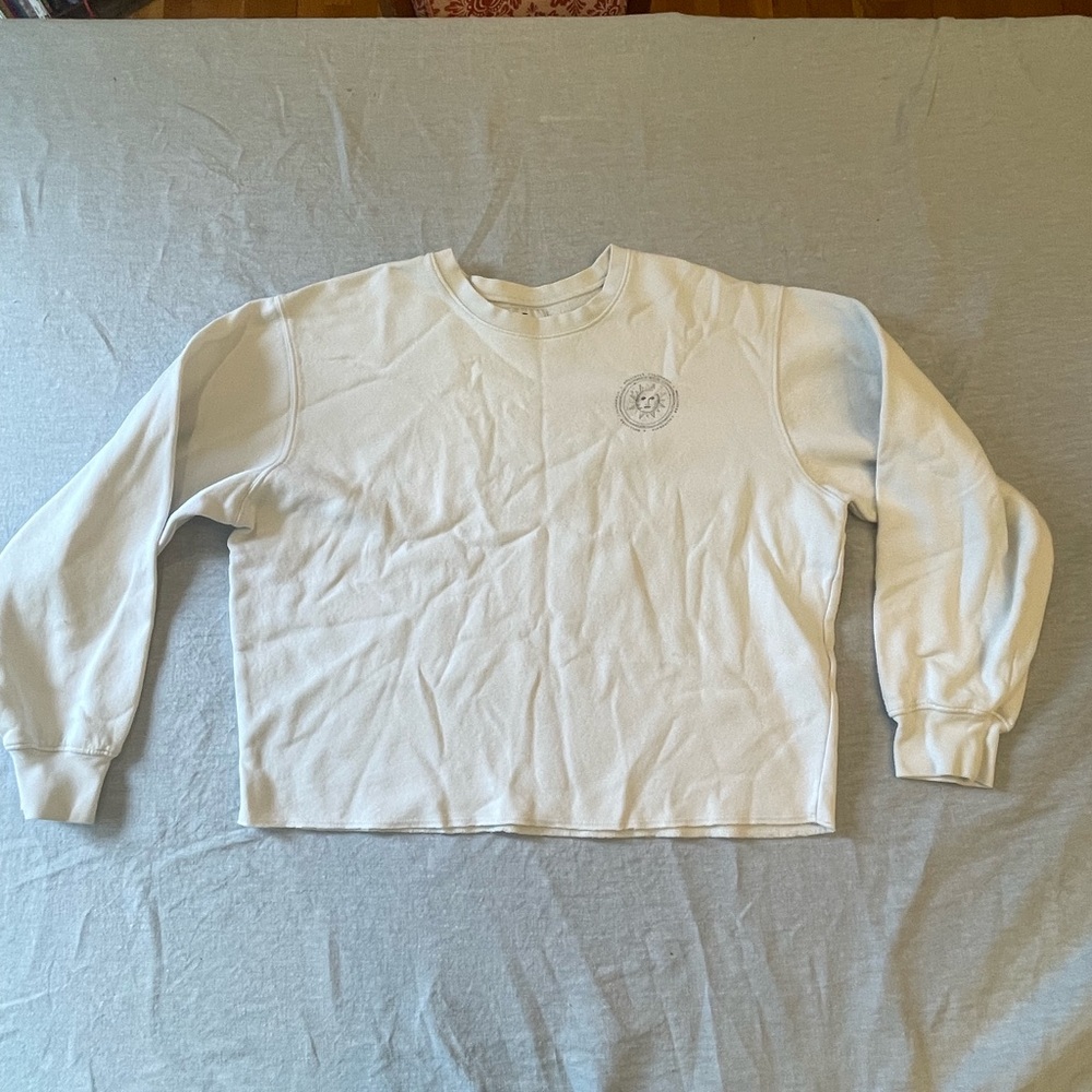 Hollister California White Cropped Sweater Circled Sun Logo, size large.
